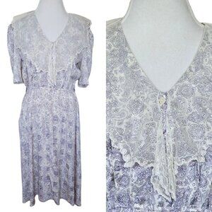 70s 80s Paisley Midi Dress W Lace Exaggerated Collar‎ Medium 8 10 Cottage Core